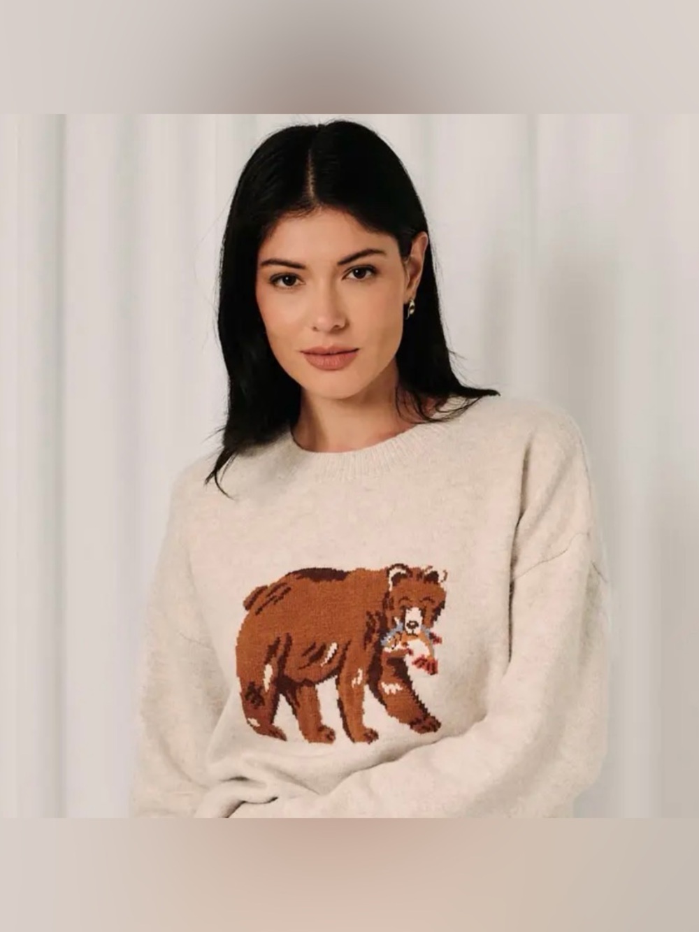 Crewneck Bear Intarsia Sweater - Cream